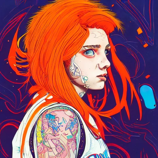 Image similar to portrait painting of a teenage girl with swept back wild orange hair and punk clothes, sharp focus, award - winning, trending on artstation, masterpiece, highly detailed, intricate. art by josan gonzales and moebius and deathburger