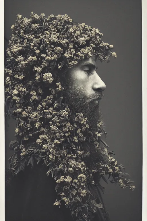 Image similar to a man's face in profile, long beard, made of flowers and fruit, in the style of the Dutch masters and Gregory crewdson, dark and moody