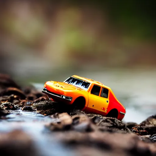 Image similar to macro photography of a toy hot wheels car driving through a creek in the rain, 3 5 mm