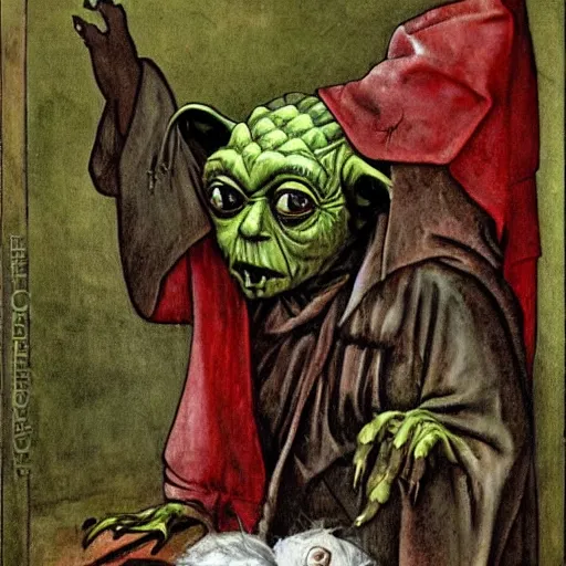 Image similar to zombie yoda, yoda as a zombie, hieronymus bosch, zombified, scary