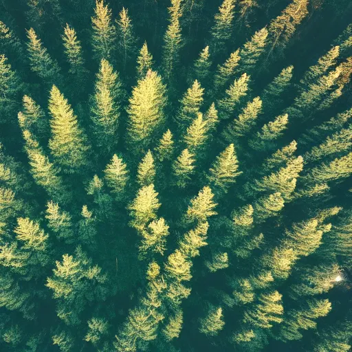 Image similar to a drone shot of a forest, dusk, slightly foggy, grainy footage,