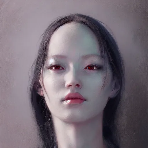 Image similar to yanjun cheng portrait of a beautiful dark fae woman, with black lips, gray mottled skin, black feathers instead of hair, feathers growing out of skin, modestly clothed, intricate, detailed, symmetric face, by wlop and karol bak and bouguereau and viktoria gavrilenko