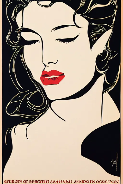 Prompt: Shepard Fairey Patrick Nagel poster of a Famous Actress posed in profile, she has beautiful bone structure and long hair. Eyes closed. highly detailed.