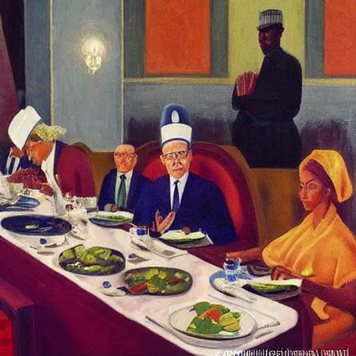 Image similar to president muhammadu buhari sitted at a lavish banquet with shiny trays and dishes with food minimalist solid background the great feast regal ornamental, iridescent in the style of edward hooper and henri matisse oil painting