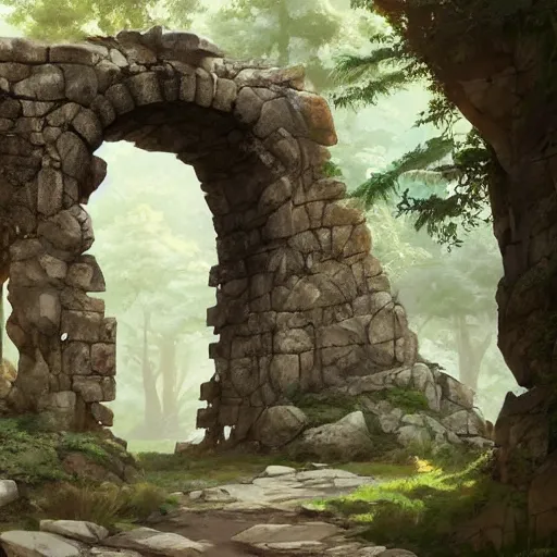 Image similar to concept art painting of a single free standing ancient stone archway, in the woods, realistic, detailed, cel shaded, in the style of makoto shinkai and greg rutkowski and james gurney