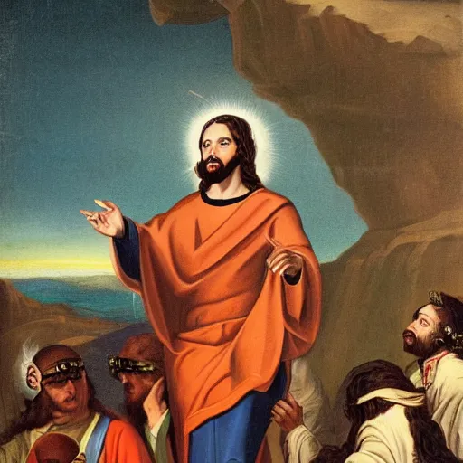 Image similar to Jesus wearing a VR Headset while preaching on Mount Sinai, highly detailed, 18th century painting