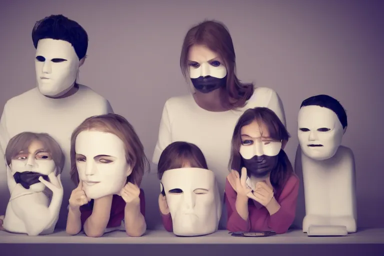 Prompt: family with actor's ceramic masks watching tv, style of paolo roversi, 8 k, sharp focus, soft light, volumetric lighting, highly detailed realistic, refined, artstation