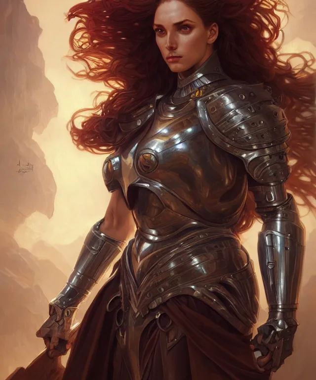 Image similar to Muscular and powerful medieval knight woman portrait, sci-fi, amber eyes, face, long hair, fantasy, intricate, elegant, highly detailed, digital painting, artstation, concept art, smooth, sharp focus, illustration, art by artgerm and greg rutkowski and alphonse mucha