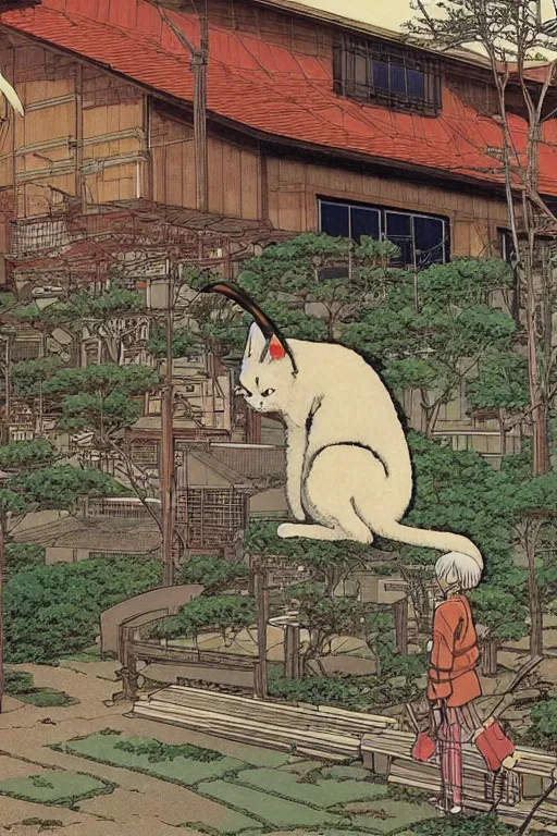 Image similar to beautiful anime illustration japanese rural homes morphing into giant cats, by moebius, masamune shirow and katsuhiro otomo