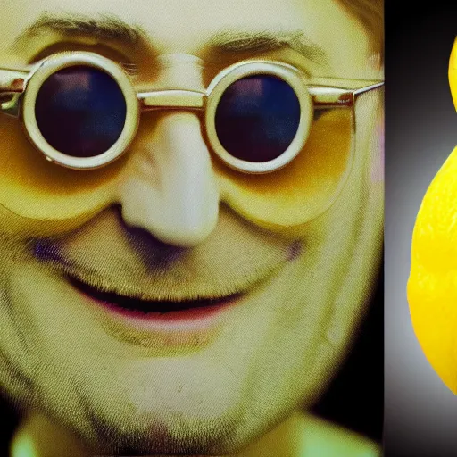 Image similar to john lennon inside a lemon costume, ultra realistic, highly detailed, colorized, 4 k