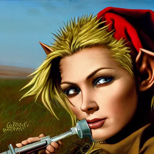 Prompt: close up headshot of a skinny female high-fantasy elf with a long face narrow chin and short spiky blonde hair wearing dark brown overalls and holding a bomb next to a destroyed car, gel spiked blond hair,narrow lips, high resolution film still, HDR color, painting by Gerald Brom