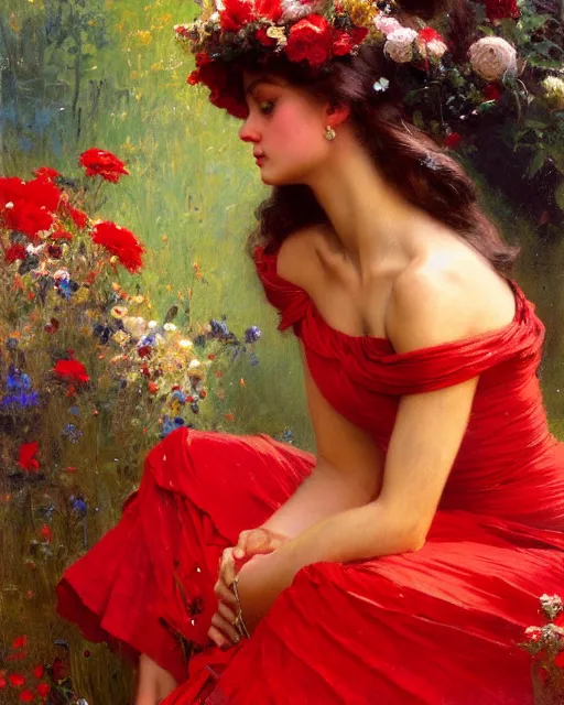 Image similar to an attractive girl wearing a red dress and surrounded by flowers. highly detailed painting by gaston bussiere, craig mullins, j. c. leyendecker 8 k