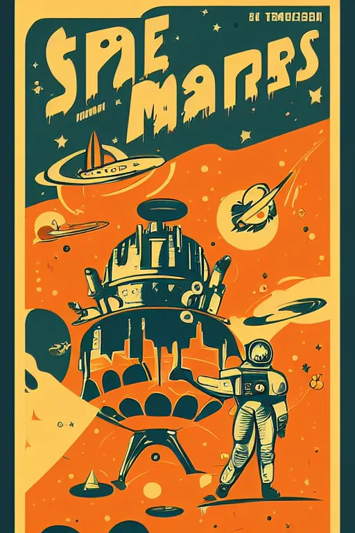 Prompt: vintage poster, space travel to mars, illustration, vector art, retro