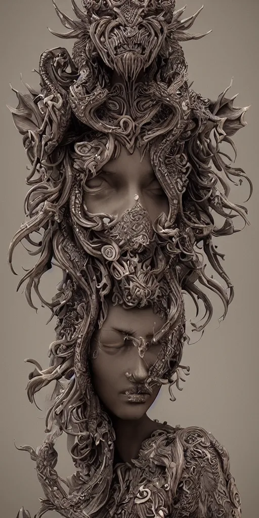 Image similar to a sculpture of mythical creatures by geenss archenti flores, elegant and beautiful female face, intricate psychedelia, elegant, highly detailed, artstation, concept art, ambient occlusion, vray render,