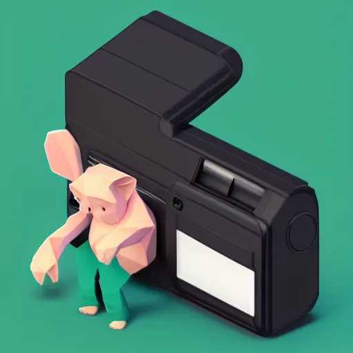 Prompt: isometric cute 3 d low - poly japanese macaque using a sony walkman