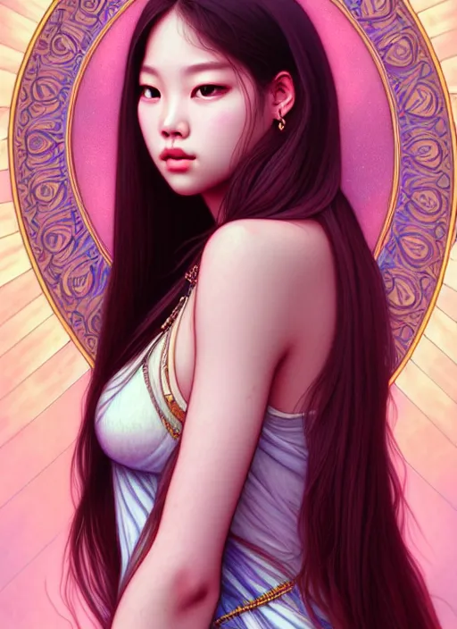 Prompt: jennie manoban of blackpink, tarot card, highly detailed, digital painting, smooth, sharp focus, illustration, ultra realistic, 8 k, art by artgerm and alphonse mucha