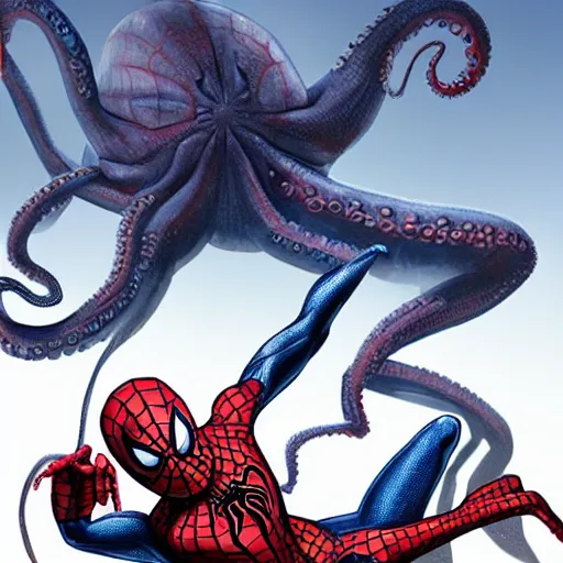 Image similar to octopus attacking and suffocating spiderman, photorealistic