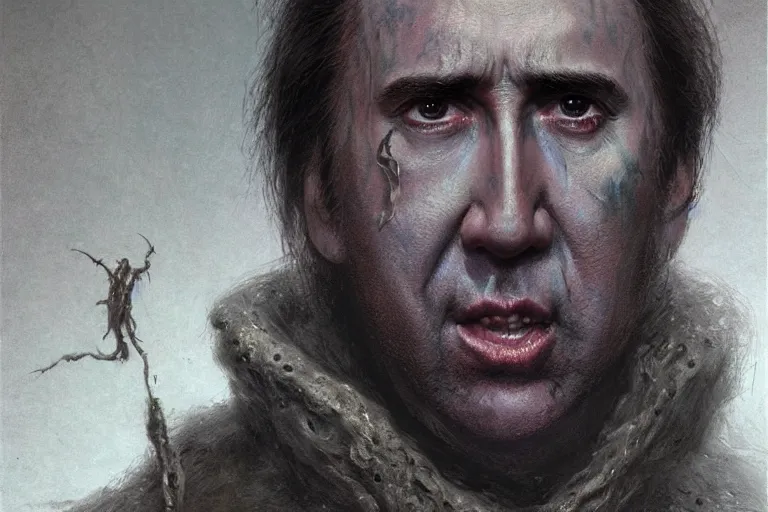 Prompt: Nicolas Cage face with body of rotten worm, dark fantasy, intricate, highly detailed, smooth, artstation, painted by Wayne Barlowe, Greg Rutkowski, zdislav beksinski, Francis Bacon