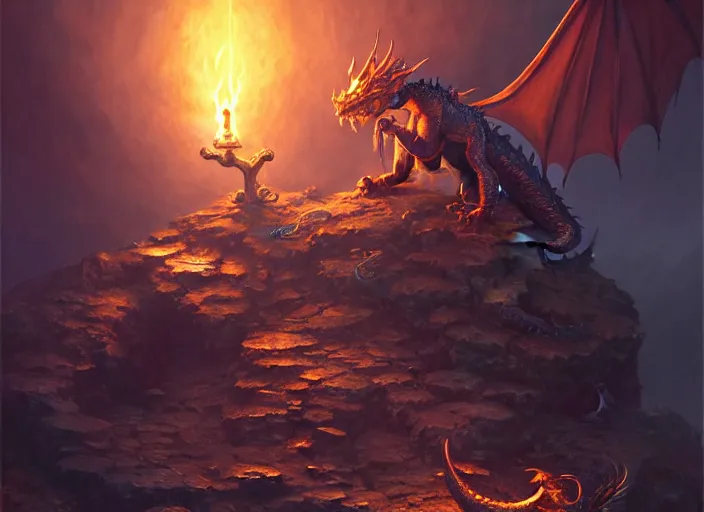 Image similar to dragon sleeping on a pile of treasure, dramatic light, dungeon background, torches, high detail, fantasy background, painted by stanley lau, painted by greg rutkowski, painted by stanley artgerm, digital art, trending on artstation