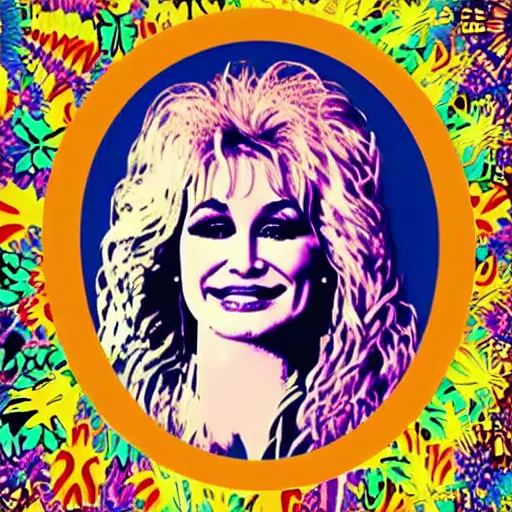 Image similar to young Dolly Parton portrait, graphic design poster, 70s, flower child, hippie, psychedelic