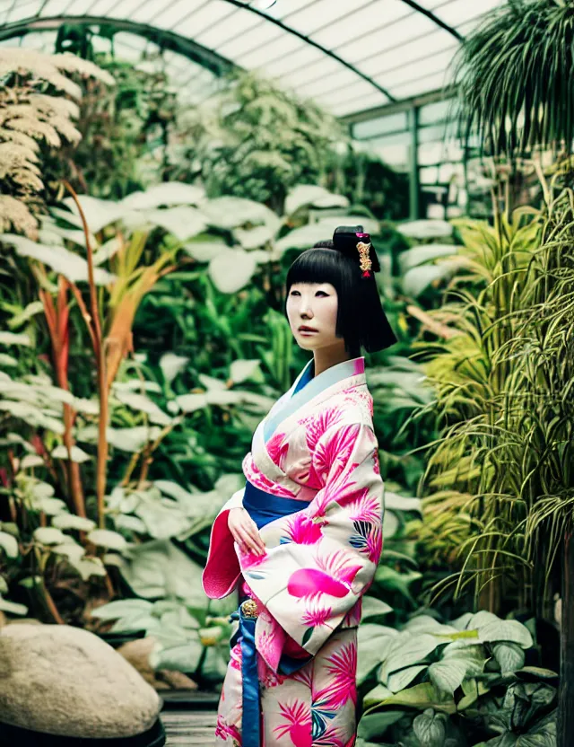 Image similar to photograph of a beautiful Japanese woman wearing a pretty kimono in a tropical greenhouse, by Annie Leibowiz and Alessio Albi, extremely detailed, large format camera, Kodak Portra 400, bokeh, blurred background, photorealistic