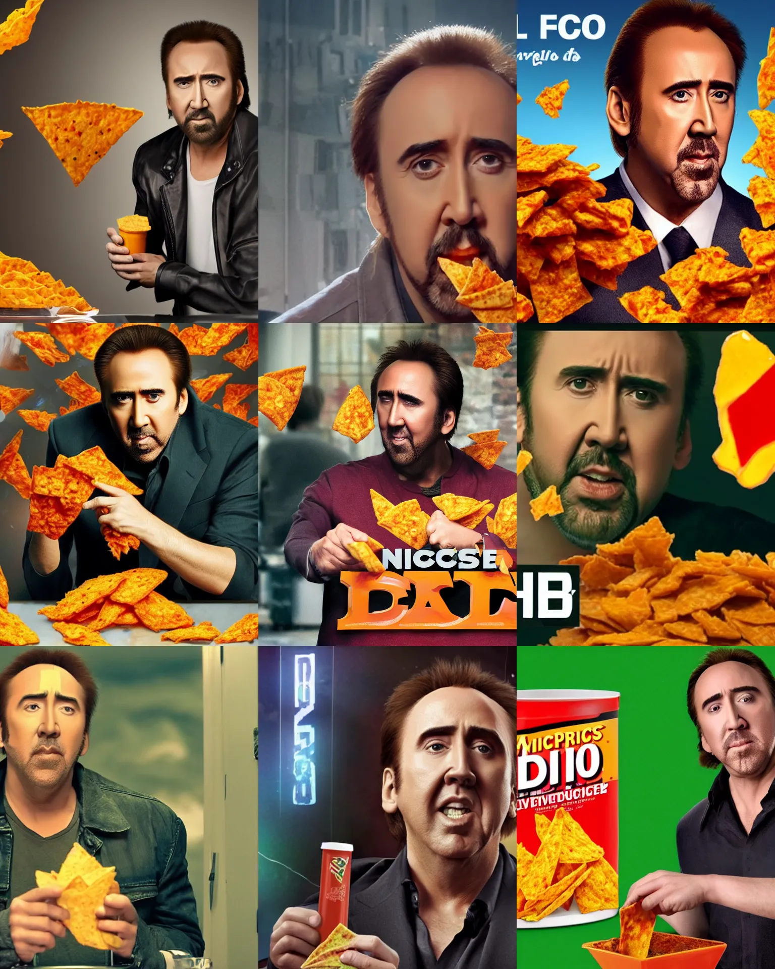 Prompt: nicolas cage drinking dorito juice, spilling juice, 2 0 1 5 viral product advertisement hd, commercial banner, english text