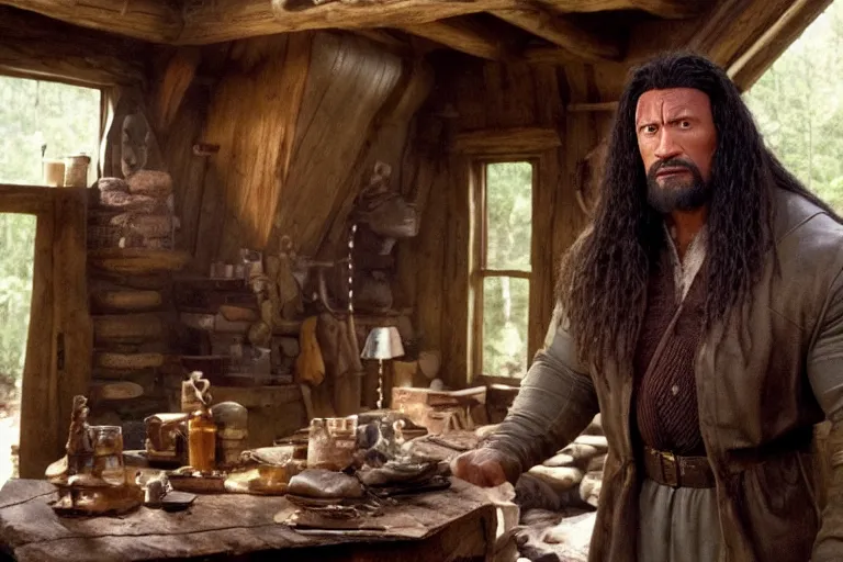 Image similar to film still of Dwayne Johnson as Hagrid in his cabin in Harry Potter movie 2001, 4k