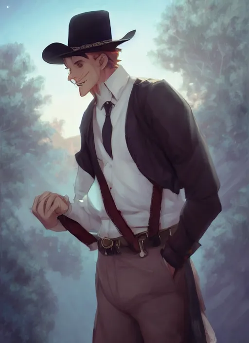 Image similar to beautiful portrait commission of a male furry anthro wolf Sherriff wearing a white dress shirt with suspenders in an old-timey desert town. Atmospheric. Character design by charlie bowater, ross tran, artgerm, and makoto shinkai, detailed, inked, western comic book art