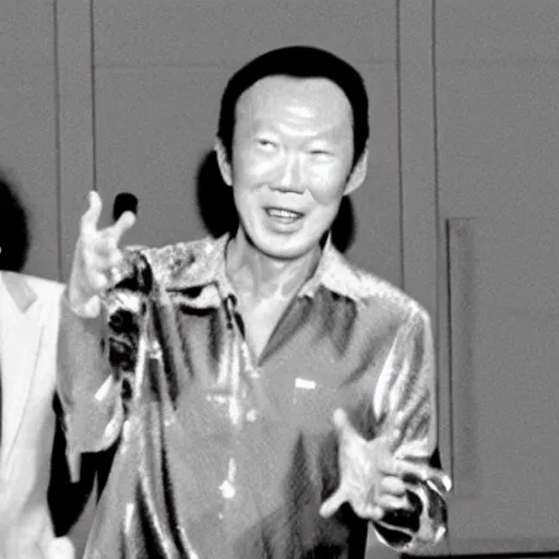 Image similar to A still of Lee Kuan Yew wearing a disco suit in Saturday Night Fever