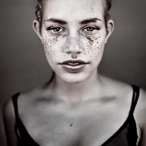 Prompt: a close - up portrait of a beautiful young woman with freckles, long dark eyelashes and amber eyes looking at the camera, liquid gold is running across her face. desert ambiance, dusty sky, professional photography