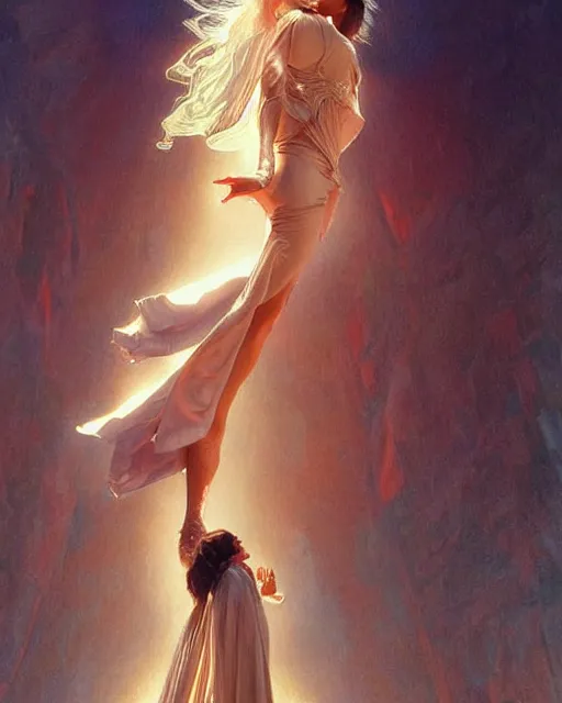 Prompt: Portrait of a Olivia Newton John going up to heaven, Michael Mcintyre looks on in background, real life skin, intricate, elegant, highly detailed, artstation, concept art, smooth, sharp focus, art by artgerm and greg rutkowski and alphonse mucha