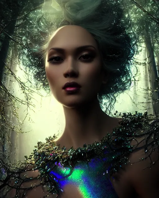 Prompt: beauteous sumptuous dark empress with incredible iridescent pearlescent voluminous hair, photorealistic crystalline masterpiece incrustations, hyperdetailed face, elegant pose, movie still, cinematic forest lighting, intricate accuracy, octane render, cgsociety, artgerm, unreal engine, crepuscular rays, god rays