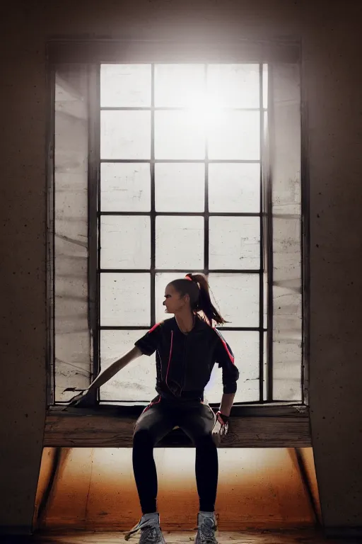 Prompt: woman in neon streetwear, sitting on a window ledge in a wooden barn. the afternoon sun is shining through a window behind her, revealing her wings in the sunlight. ultra high detail digital photography. cinematic composition, dramatic light. hdr.