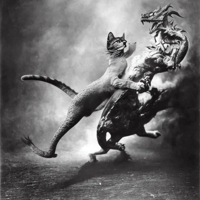 Image similar to silver gelatin photograph of a cat attacking a dragon, london 1 9 1 2