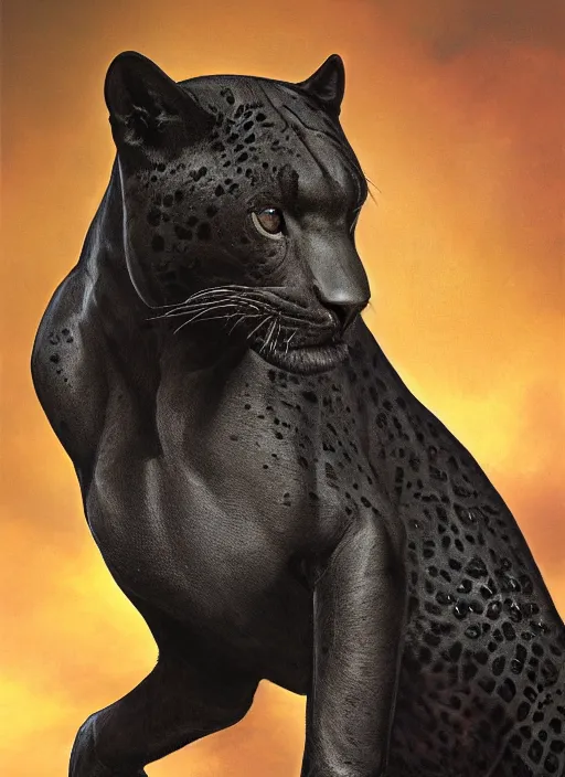 Prompt: a beautiful realistic matte painting portrait of a black jaguar, highly detailed close up