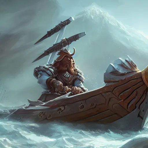 Image similar to arcane style viking battleship, viking spears and axes. spear and axes, bright art masterpiece artstation. 8 k, sharp high quality artwork in style of greg rutkowski, concept art by tooth wu, blizzard warcraft artwork, hearthstone card artwork