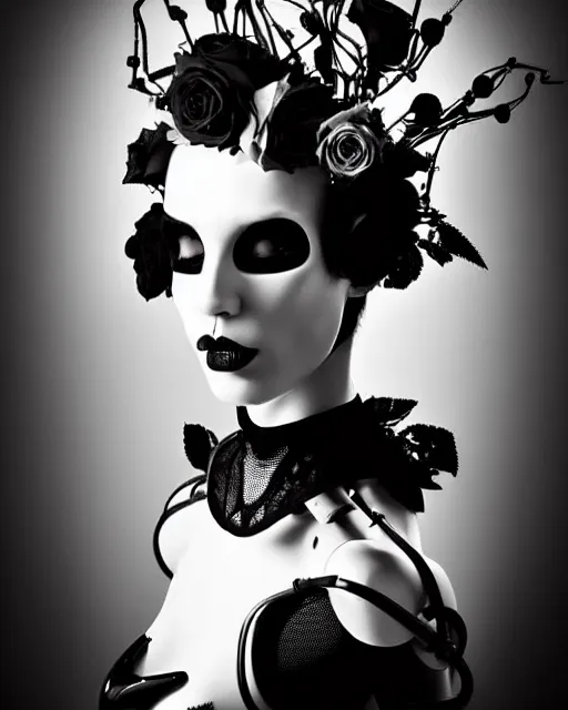 Image similar to dreamy surreal poetic black and white photo of a beautiful young bio-mechanical-female-cyborg-robot with a very long neck and a super big gothic lace collar and a very high big floral crown with many black dry roses by Vivienne Westwood:: smoke, high fashion, haute couture, rococo, avant-garde, elegant, dreamy, hyper realistic, 150 mm lens, soft rim light, octane render, unreal engine, picture was taken in 1910 by Dora Maar, volumetric lighting, dramatic light,8k,