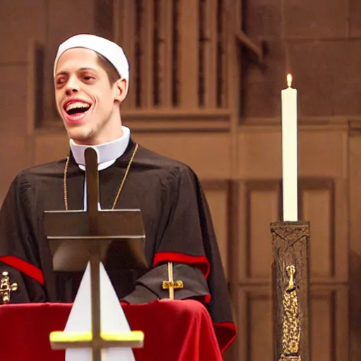 Image similar to pete davidson as an evangelist on an alter giving a sermon