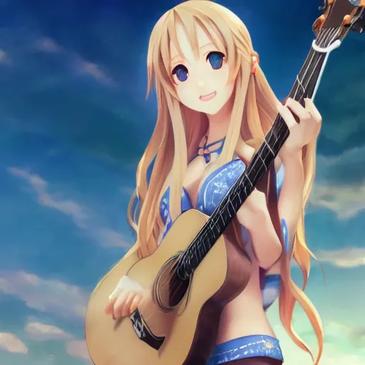 Image similar to a very beautiful young yuuki asuna playing guitar, full body, long wavy blond hair, sky blue eyes, full round face,, bikini, miniskirt, front view, mid - shot, highly detailed, cinematic wallpaper by stanley artgerm lau