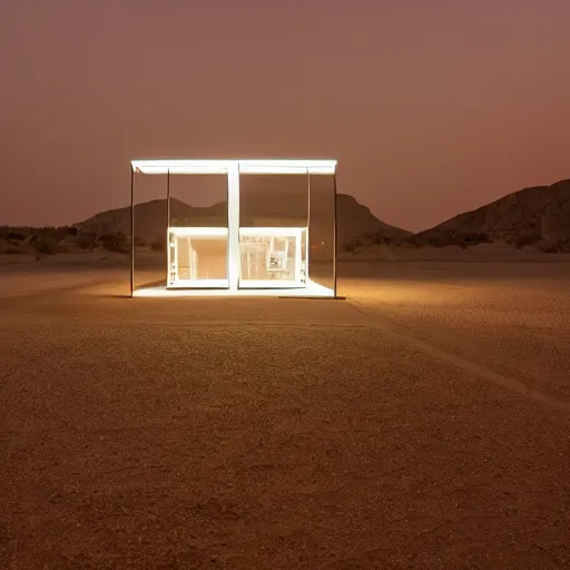 Prompt: building in a desert at night, minimalist architecture, neon lights, james turrel,