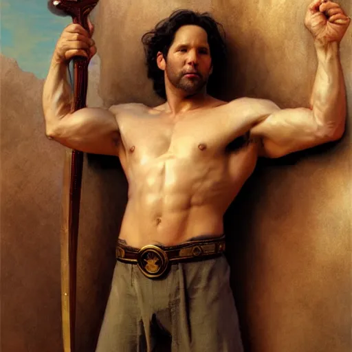 Image similar to full body portrait muscular paul rudd as the biblical adam, natural lighting, path traced, highly detailed, high quality, digital painting, by gaston bussiere, craig mullins, alphonse mucha j. c. leyendecker