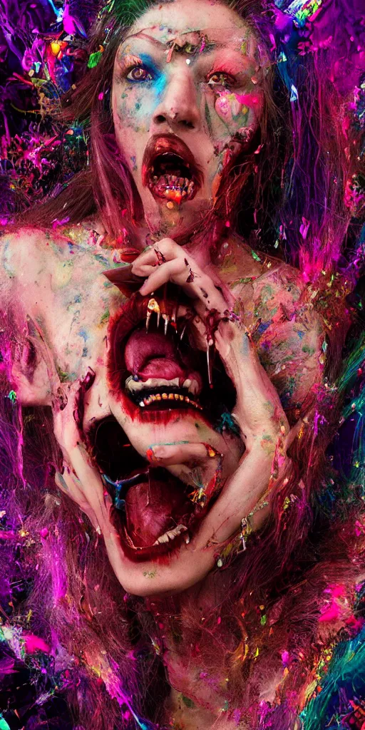 Prompt: impossibly beautiful vampire with large vampire fangs, full body, intricate complexity, surreal horror, psychedelic glitch art, rainbow drip paint, trending on art station, photoreal, 8 k, octane render