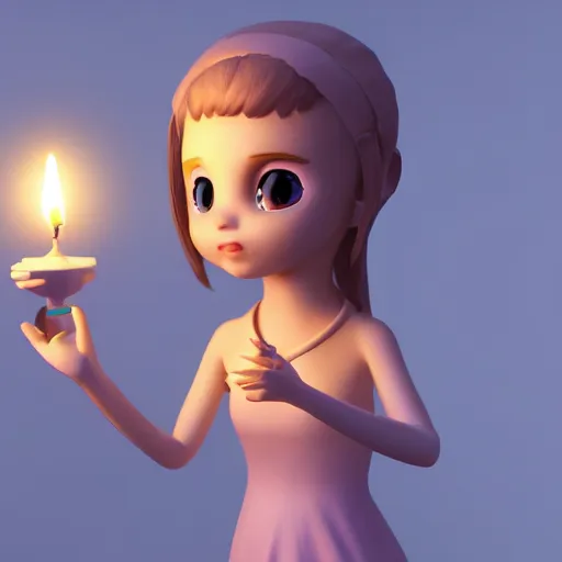 Prompt: A cute girl holding a glowing candle, fragile, soft, vray, Cimema 4D, 3d character, game character