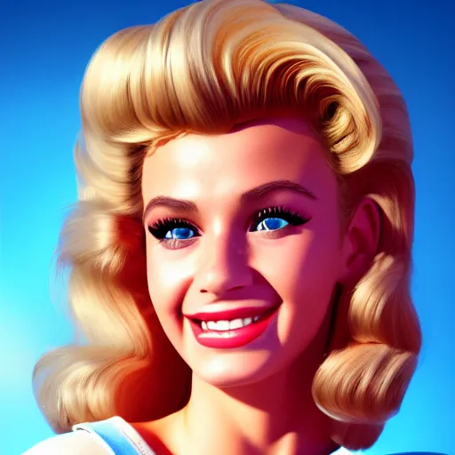 Prompt: a portrait of a beautiful blonde Sandy from Grease (1978), smiling, clear eyes, illustration, soft lighting, soft details, painting oil on canvas, octane render, HDR, trending on artstation, 4k, 8k, HD