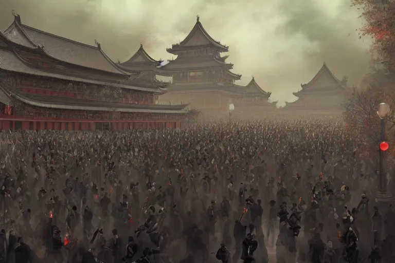 Image similar to crowds on programmers are marching to chinese palace, dark atmosphere, light above palace, digital art, trending on artstation