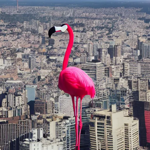 Image similar to photo of a giant real flamingo towering above a city