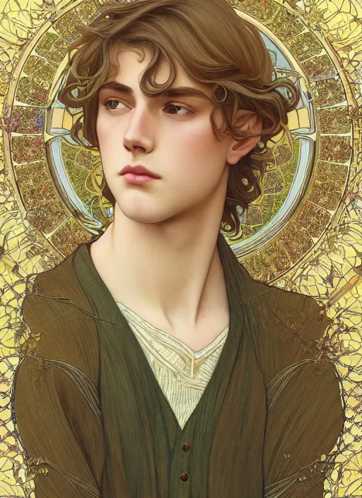 Prompt: pretty young man with shoulder length shiny shimmering golden blond hair, half body shot, emotional, decorative flower patterned background, path traced, highly detailed, high quality, digital painting, by studio ghibli and alphonse mucha, leesha hannigan, hidari, disney, jules bastien - lepage, art nouveau