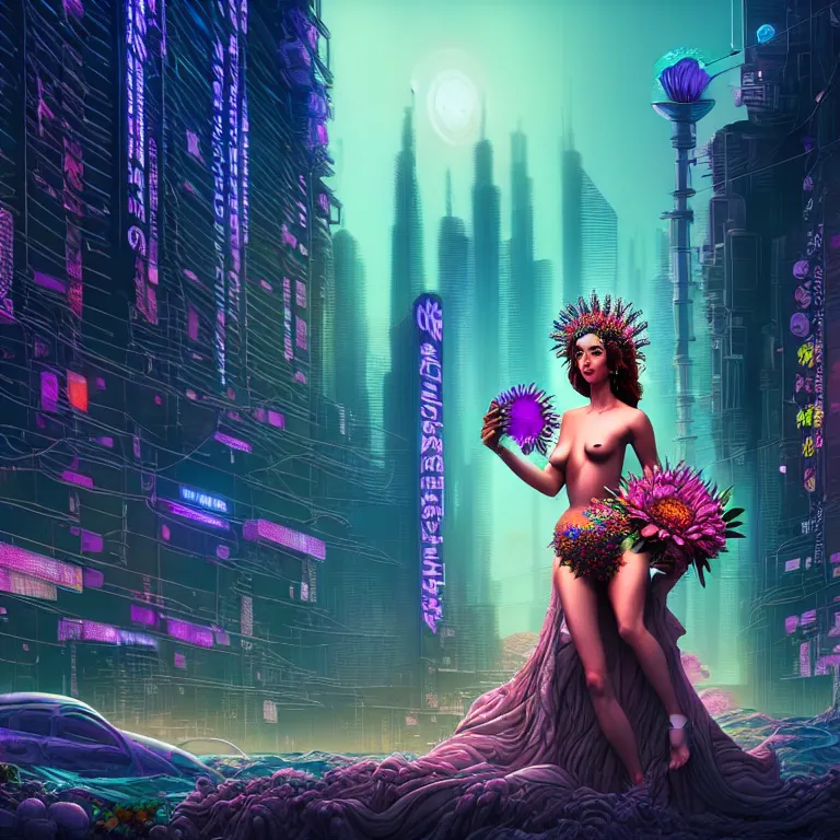 Image similar to Beautiful 3d render of the flower queen goddess in a sensual pose, in the style of Dan Mumford, with a crowded futuristic cyberpunk city in the background, astrophotgraphy