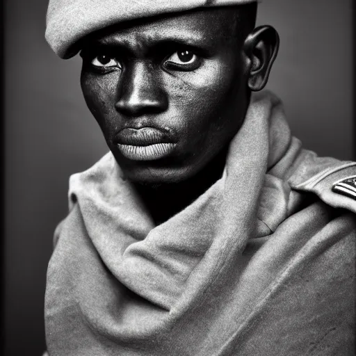 Prompt: black and white photo, portrait of rwandan soldier looking angry by richard avedon, realistic, Leica, medium format, cinematic lighting, parallax, high resolution,