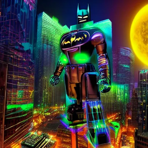 Image similar to huge robot batman on a city in midnight, glow wave